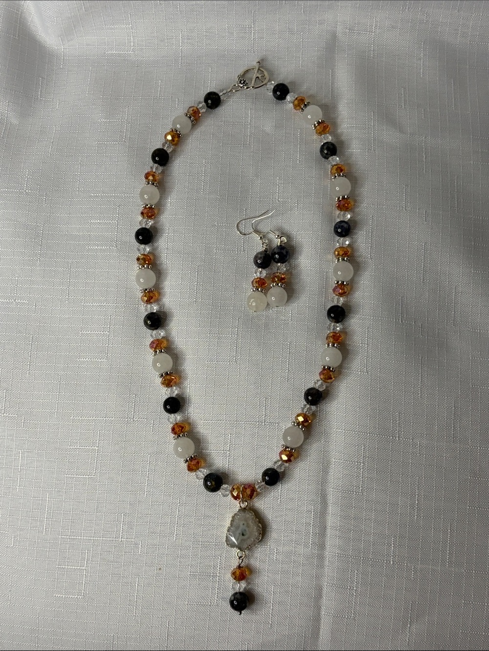 Handcrafted Iolite and White Jade Necklace and Earring Set w/Agate Pendant - Picture 6 of 7